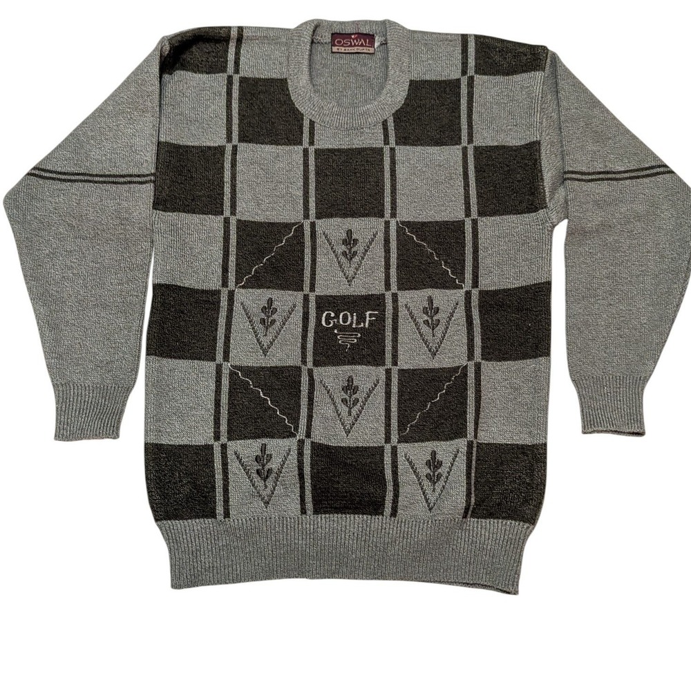 Oswal Menβs Vintage Argyle Knit Golf Sweater Gray Black Sizeβ L